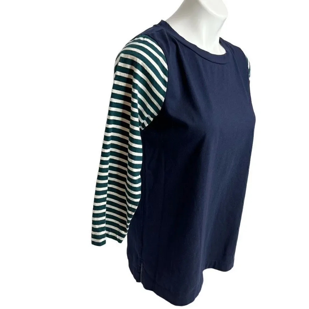 J. Crew 3/4 sleeve navy blue top with green and white striped sleeves size M
